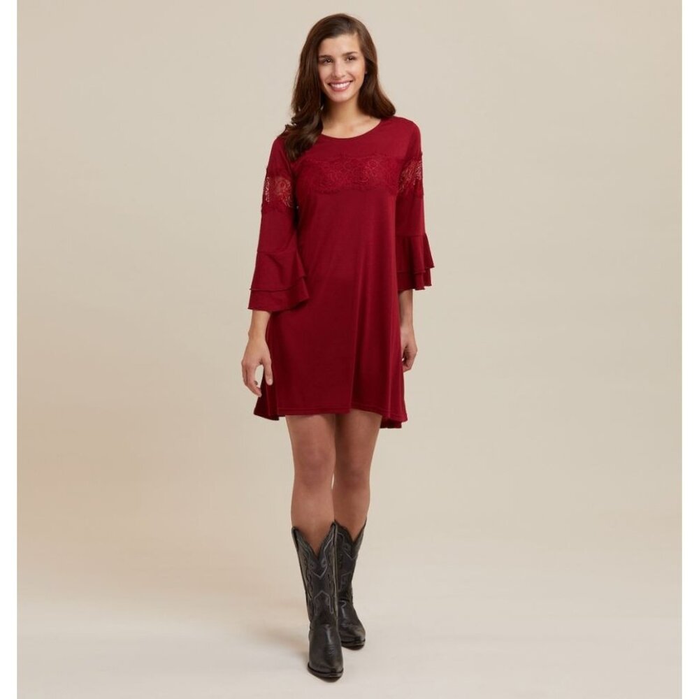 Wrangler Dark Red Wine Western Lace Knit Bell Sleeve Hi-Low Dress Size M Concert